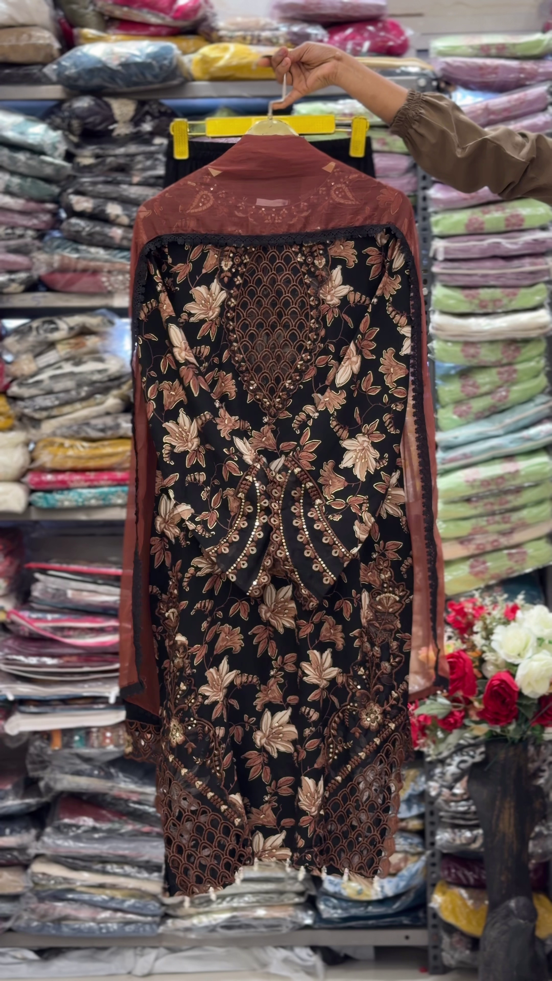 Elegant Black and Brown Floral Printed Long Kurti with Ornamental Geometric Panel Design and Sheer Contrast Dupatta