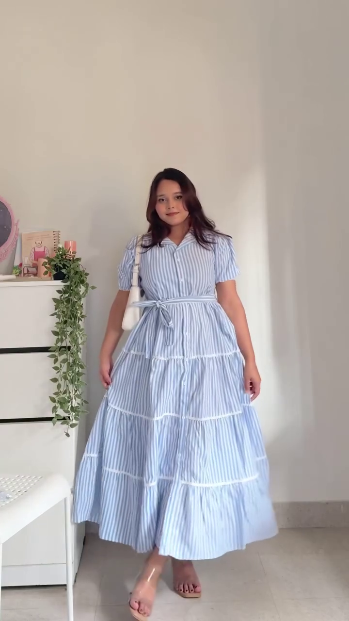 Pink and White Vertical Striped Front Button Down Midi Shirt Dress with Collared Neckline and Flowy A-Line Silhouette