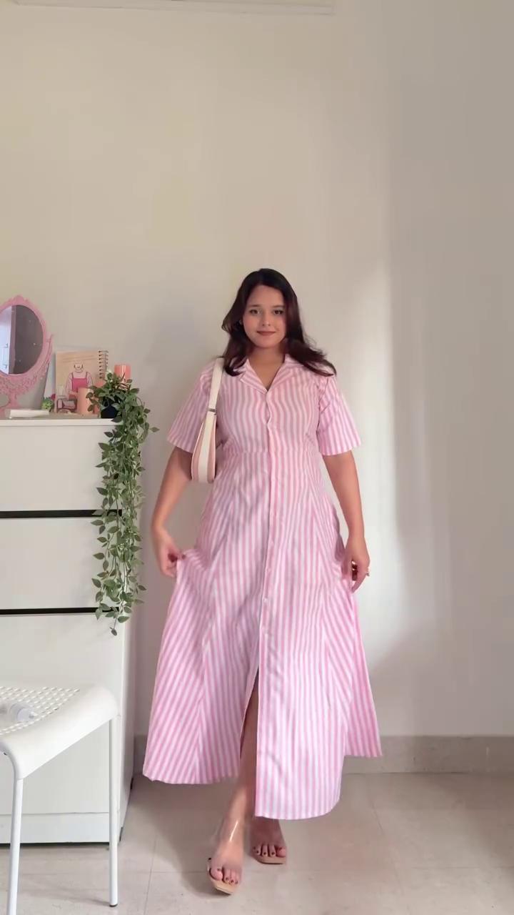 Pink and White Vertical Striped Front Button Down Midi Shirt Dress with Collared Neckline and Flowy A-Line Silhouette