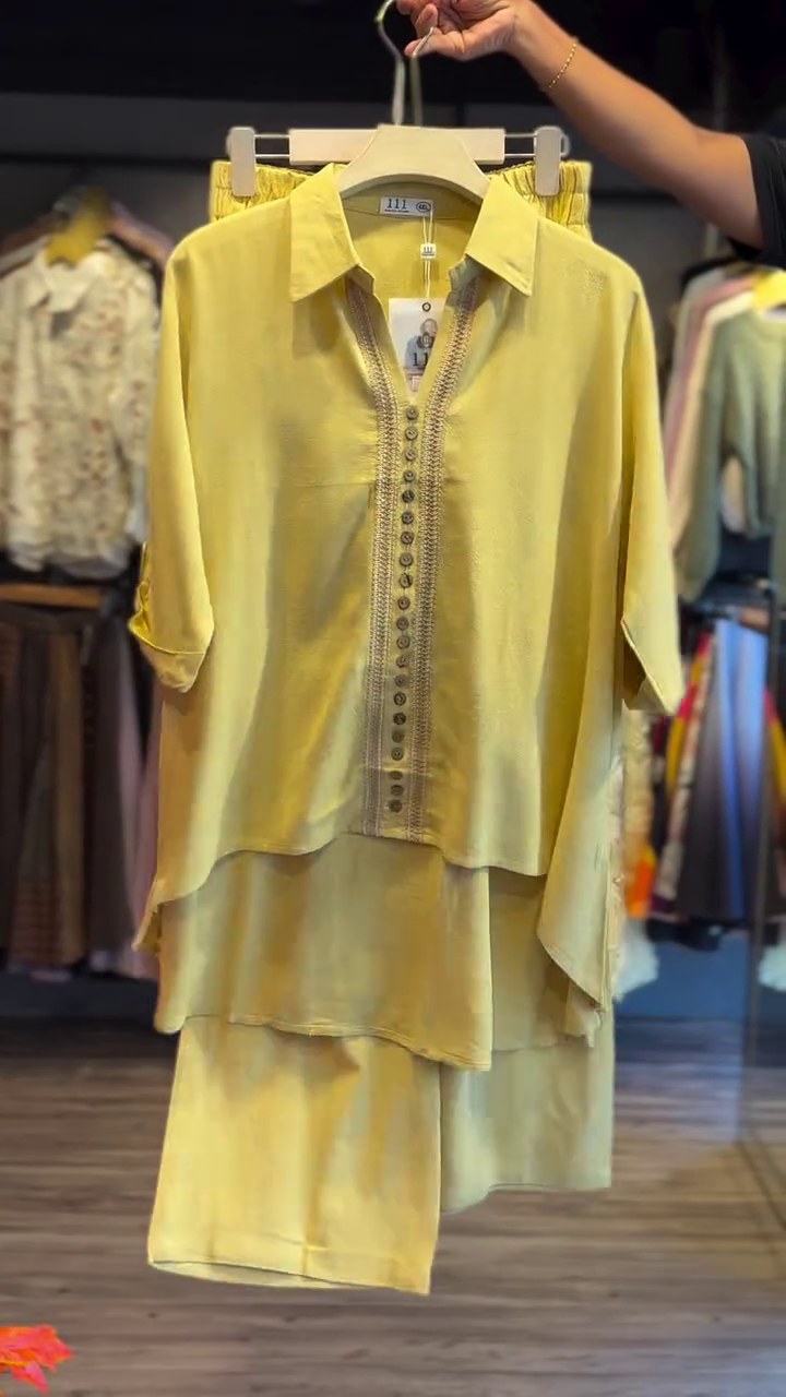 Pastel Lemon Yellow High-Low Layered Collar Kurti Top with Decorative Front Button Embellishment and Matching Straight Pants Set