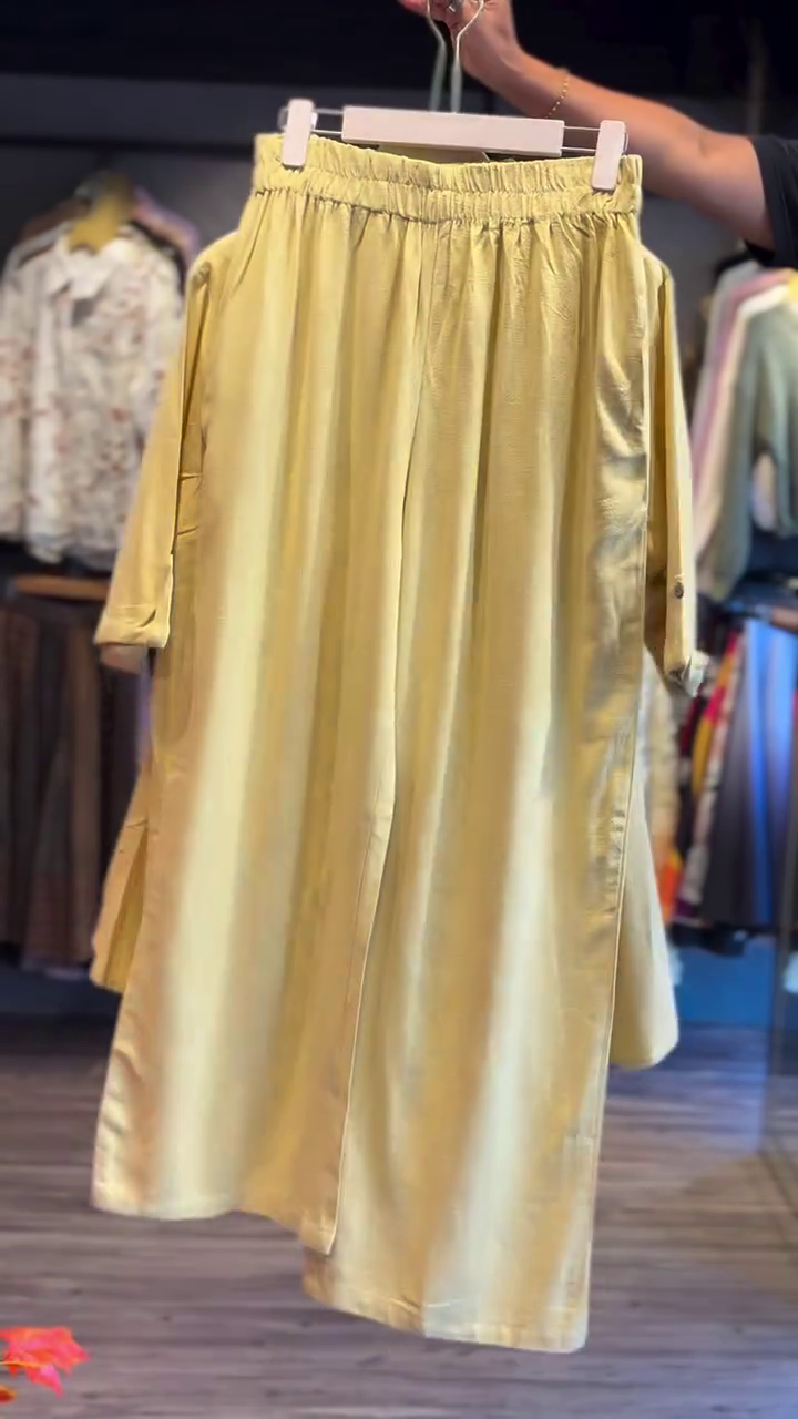 Pastel Lemon Yellow High-Low Layered Collar Kurti Top with Decorative Front Button Embellishment and Matching Straight Pants Set