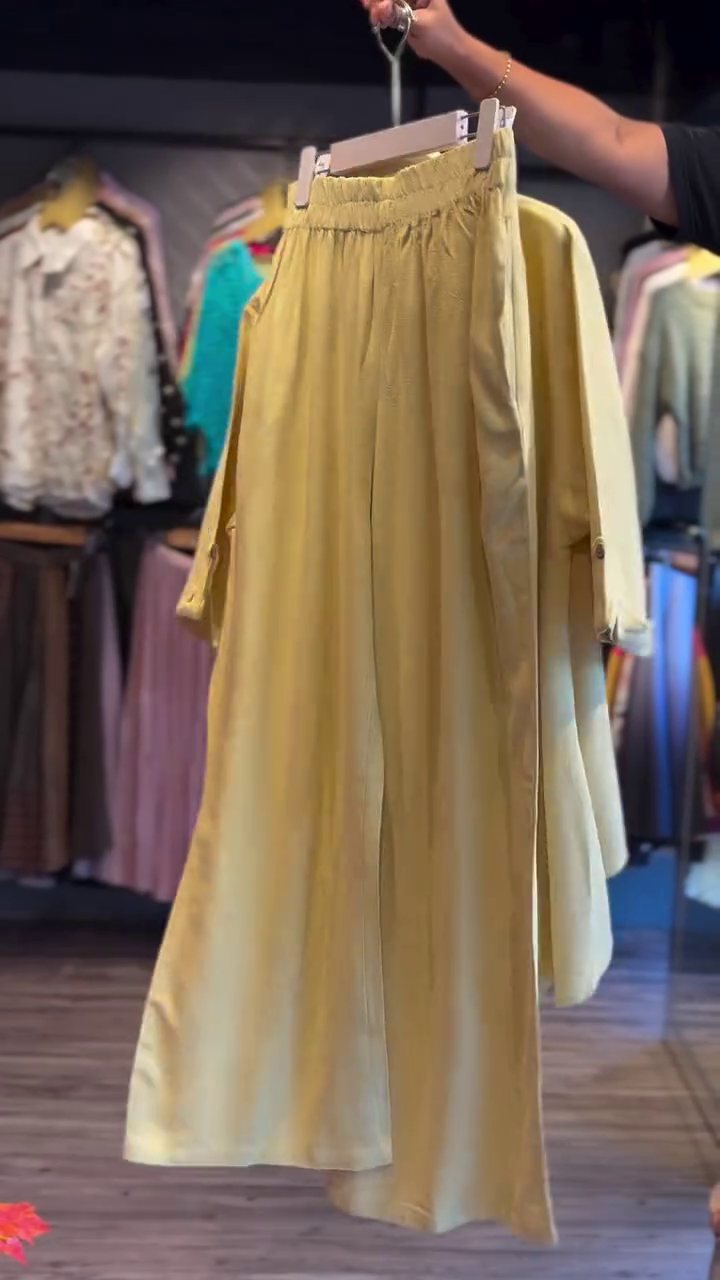 Pastel Lemon Yellow High-Low Layered Collar Kurti Top with Decorative Front Button Embellishment and Matching Straight Pants Set