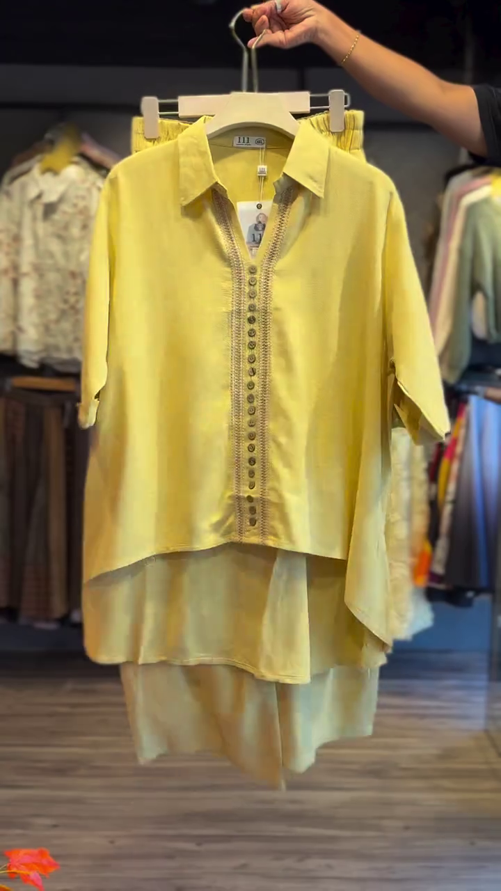 Pastel Lemon Yellow High-Low Layered Collar Kurti Top with Decorative Front Button Embellishment and Matching Straight Pants Set