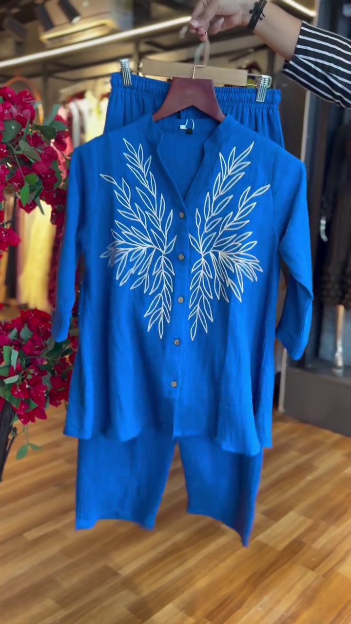 Royal Blue Leaf Embroidered Mandarin Collar Front Button High-Low Kurta Top with Matching Elastic Waist Straight Pants Co-Ord Set