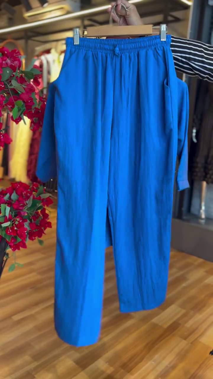 Royal Blue Leaf Embroidered Mandarin Collar Front Button High-Low Kurta Top with Matching Elastic Waist Straight Pants Co-Ord Set