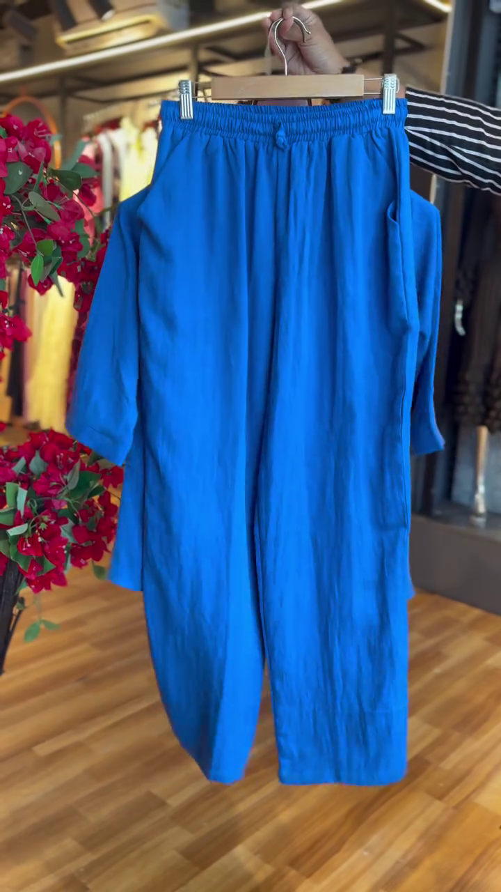 Royal Blue Leaf Embroidered Mandarin Collar Front Button High-Low Kurta Top with Matching Elastic Waist Straight Pants Co-Ord Set