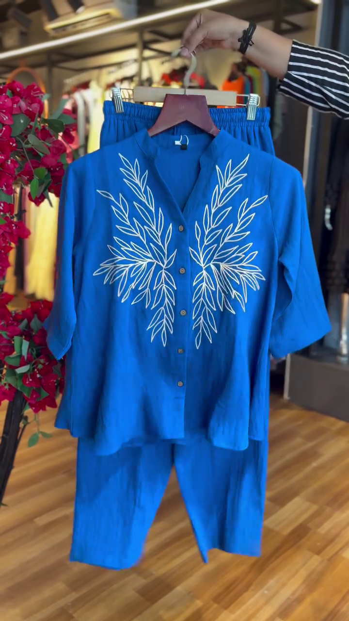 Royal Blue Leaf Embroidered Mandarin Collar Front Button High-Low Kurta Top with Matching Elastic Waist Straight Pants Co-Ord Set