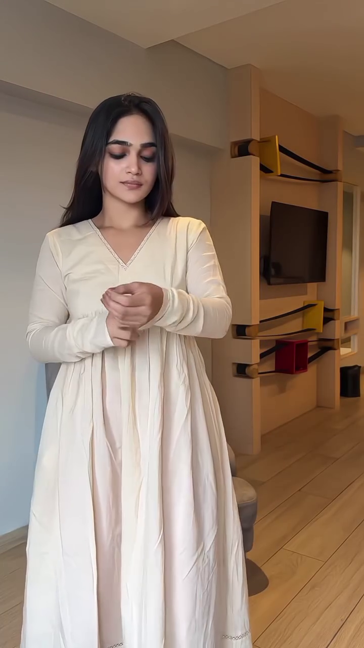 Ivory Beige Anarkali Style Flared Kurta with Soft Pink Dupatta & Matching Straight Pants – Elegant Festive Three-Piece Ethnic Ensemble