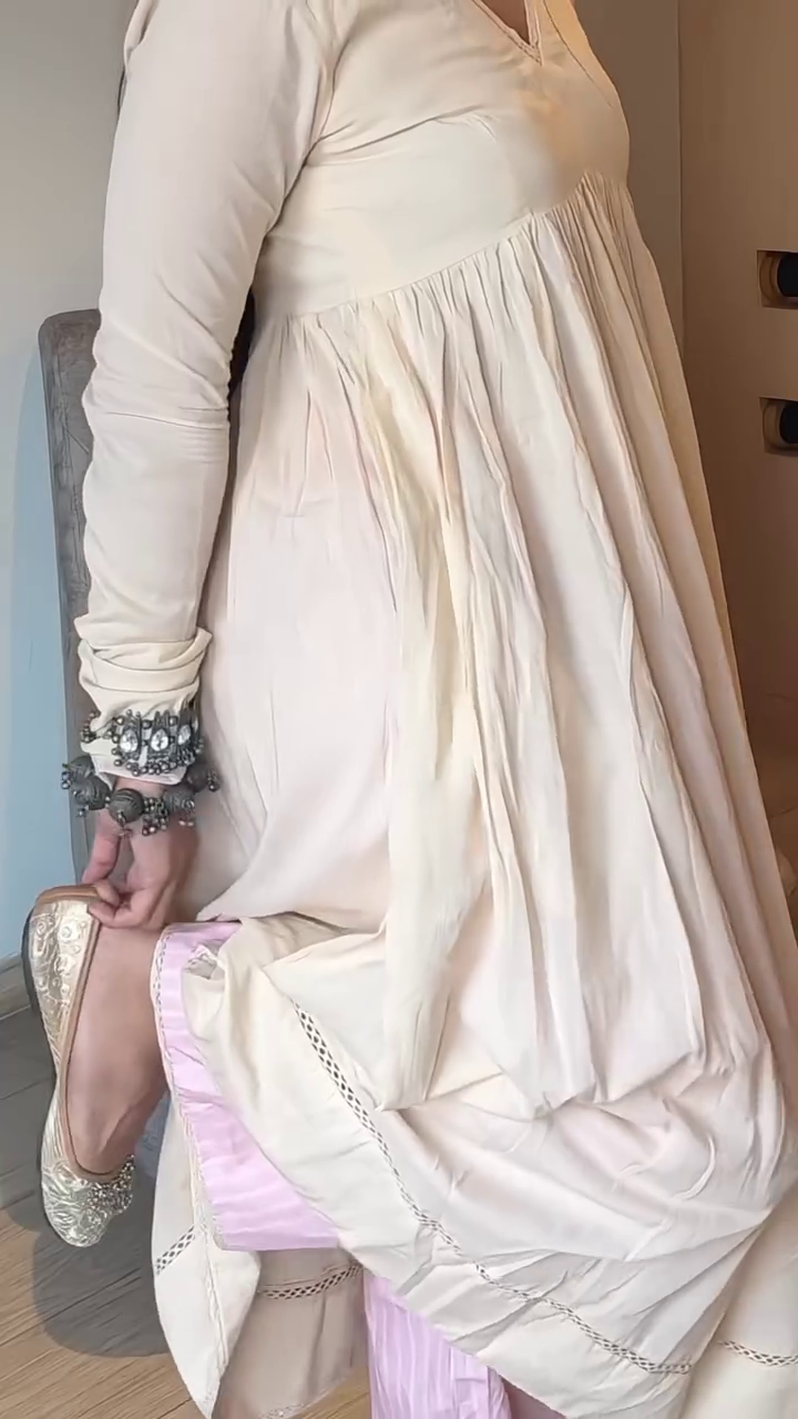 Ivory Beige Anarkali Style Flared Kurta with Soft Pink Dupatta & Matching Straight Pants – Elegant Festive Three-Piece Ethnic Ensemble