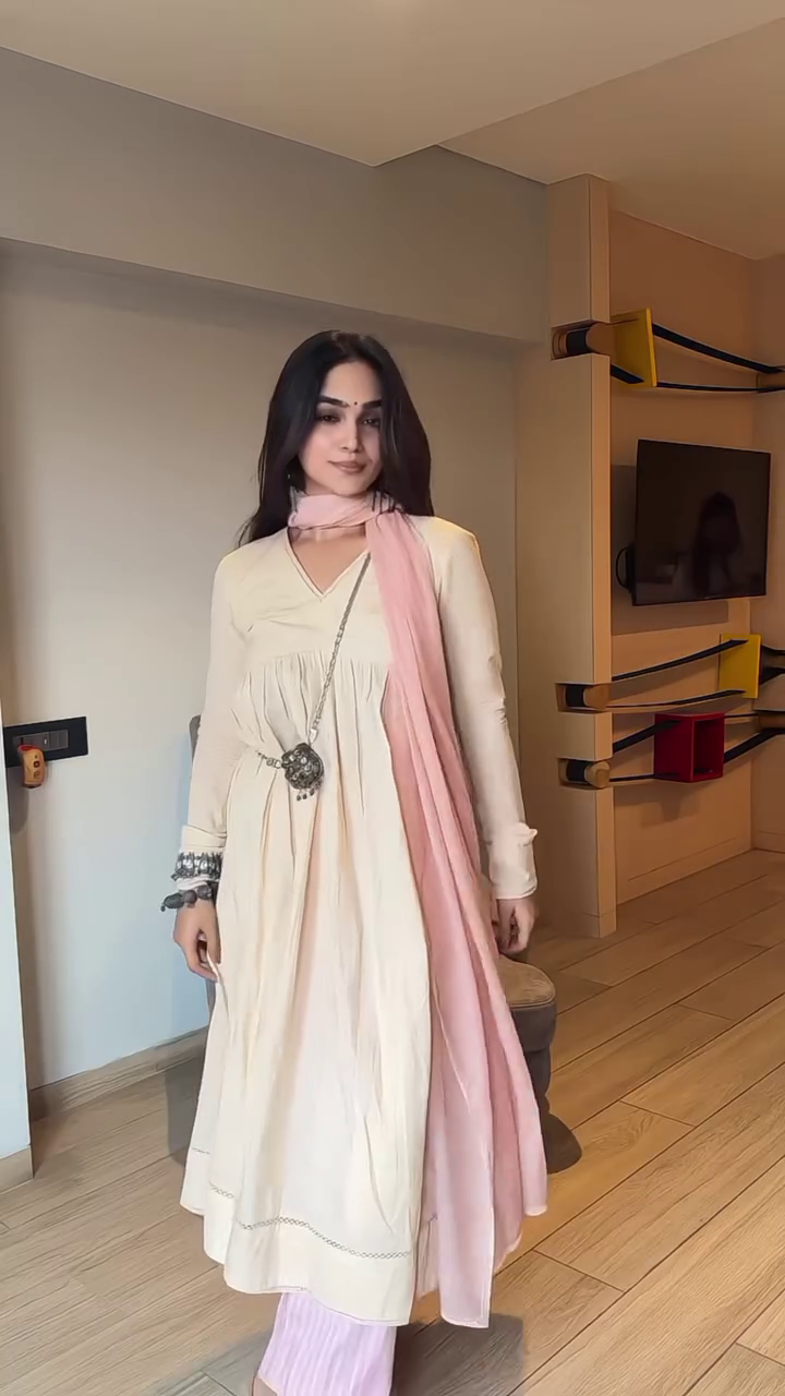 Ivory Beige Anarkali Style Flared Kurta with Soft Pink Dupatta & Matching Straight Pants – Elegant Festive Three-Piece Ethnic Ensemble