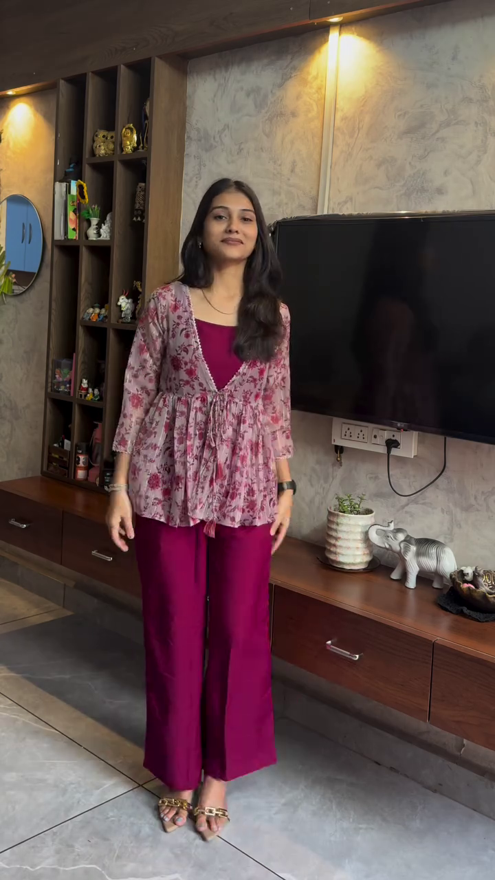 Deep Plum & Grey Dual-Tone Straight Kurta with Wide Hem Palazzo Pants – Contemporary Minimal Ethnic Fusion Two-Piece Set