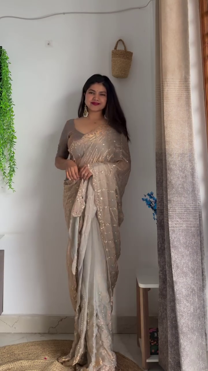 Champagne Gold Sheer Embroidered Organza Saree with Pearl & Thread Work Detailing Paired with Coordinated Blouse – Luxury Festive & Wedding Ethnic Draped Ensemble