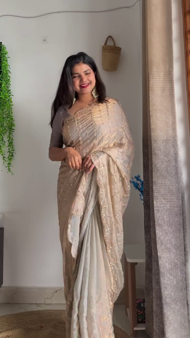 Champagne Gold Sheer Embroidered Organza Saree with Pearl & Thread Work Detailing Paired with Coordinated Blouse – Luxury Festive & Wedding Ethnic Draped Ensemble