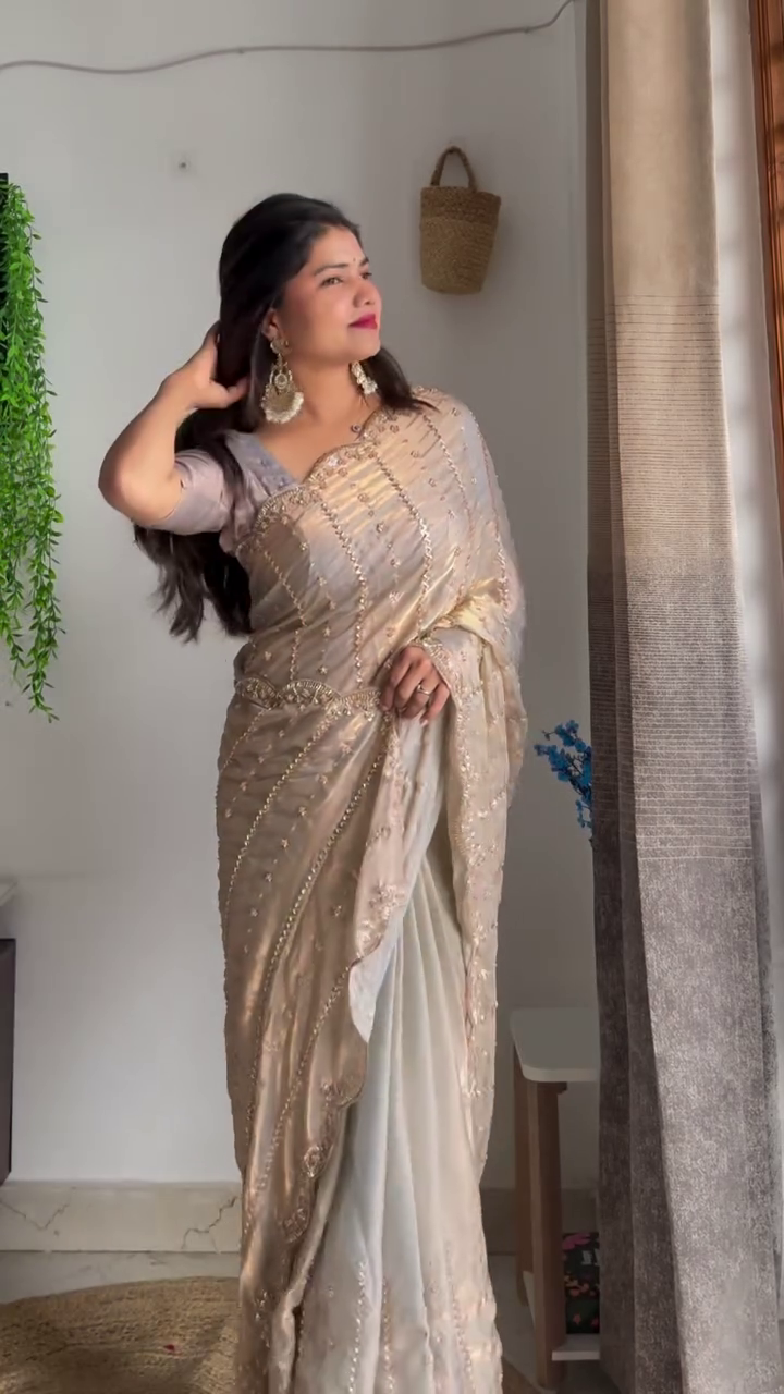 Champagne Gold Sheer Embroidered Organza Saree with Pearl & Thread Work Detailing Paired with Coordinated Blouse – Luxury Festive & Wedding Ethnic Draped Ensemble