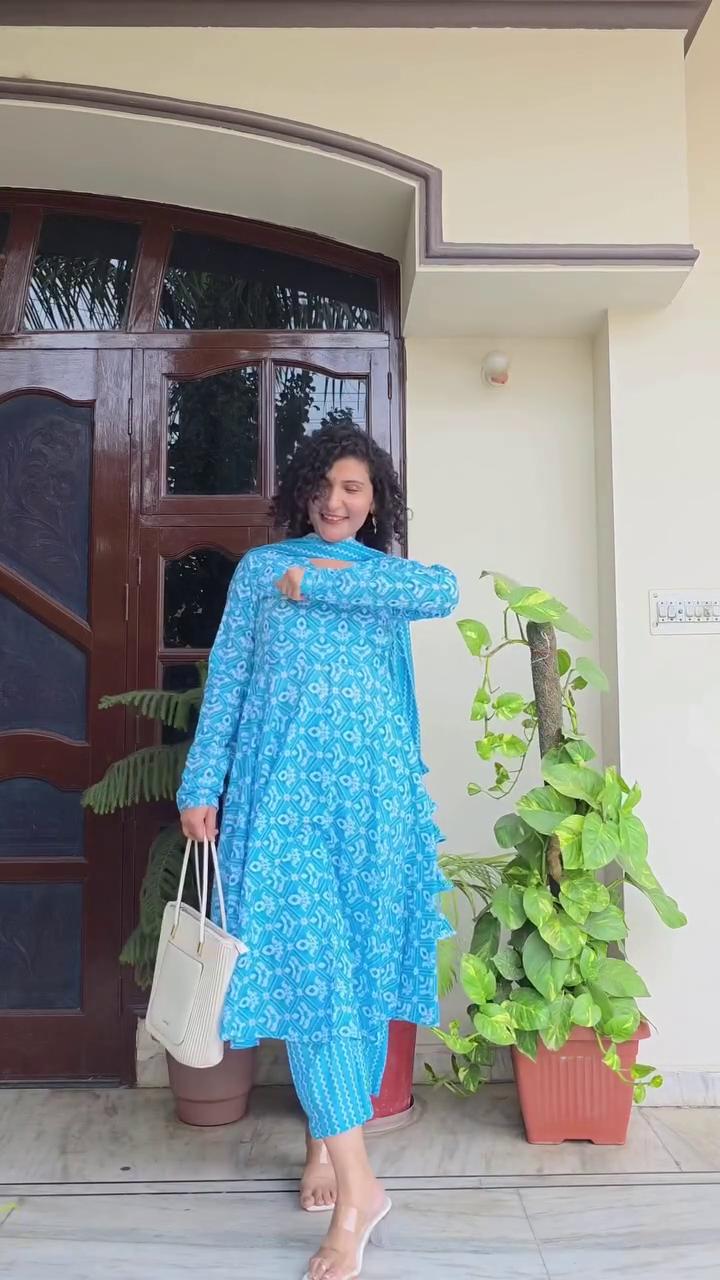 Aqua Blue Geometric Handblock Print Straight-Cut Cotton Kurta Set with Matching Narrow Pants & Coordinated Dupatta – Lightweight Everyday Ethnic Comfort Ensemble