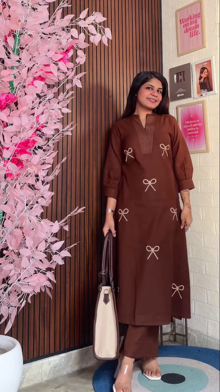 Cocoa Brown A-Line Kurta Set with Minimal Bow Motif Embroidery & Coordinated Straight Pants – Contemporary Ethnic Office Wear Ensemble