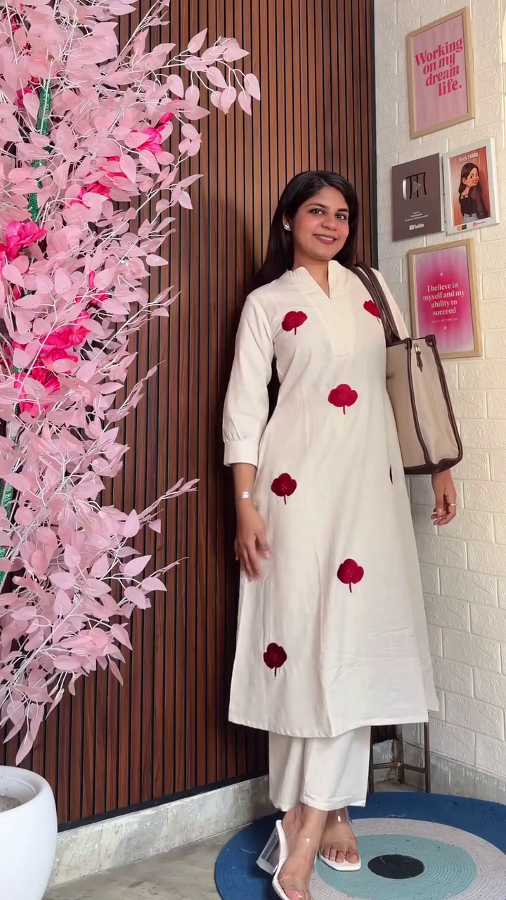 Cocoa Brown A-Line Kurta Set with Minimal Bow Motif Embroidery & Coordinated Straight Pants – Contemporary Ethnic Office Wear Ensemble