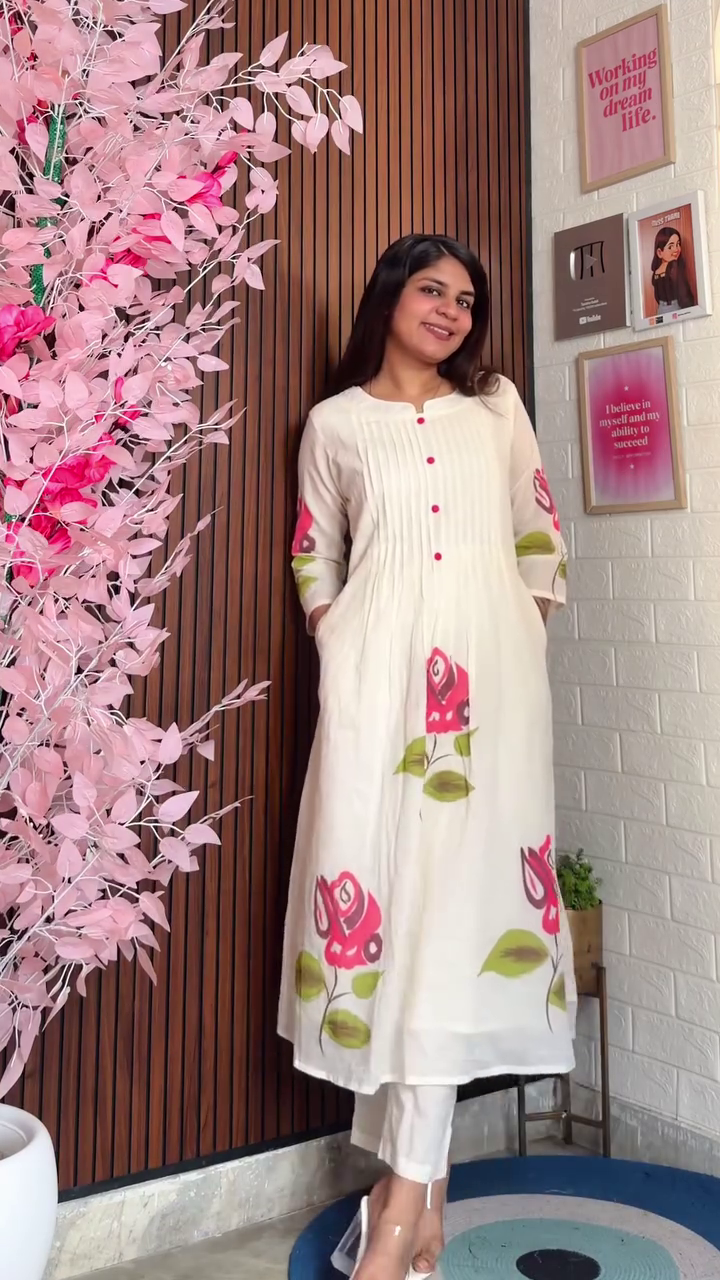 Cocoa Brown A-Line Kurta Set with Minimal Bow Motif Embroidery & Coordinated Straight Pants – Contemporary Ethnic Office Wear Ensemble