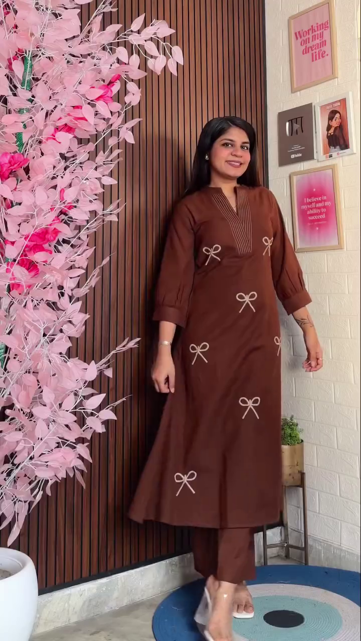 Cocoa Brown A-Line Kurta Set with Minimal Bow Motif Embroidery & Coordinated Straight Pants – Contemporary Ethnic Office Wear Ensemble