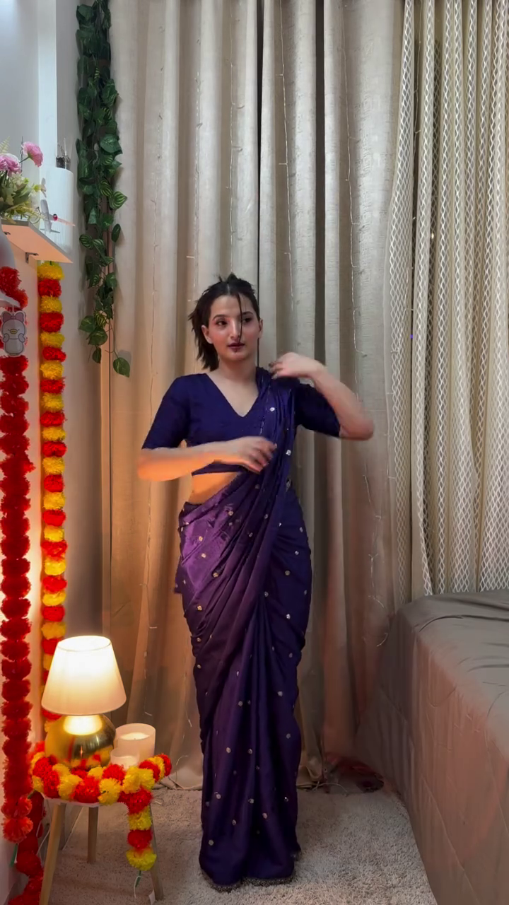 Royal Purple Satin Silk Saree with Gold Polka Dot Butti Work & Delicate Embroidered Border – Elegant Evening Festive Draped Ensemble