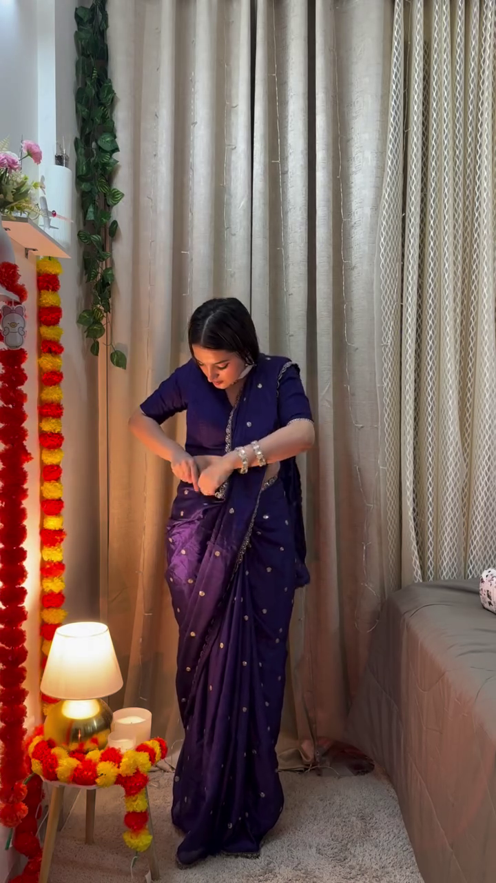 Royal Purple Satin Silk Saree with Gold Polka Dot Butti Work & Delicate Embroidered Border – Elegant Evening Festive Draped Ensemble