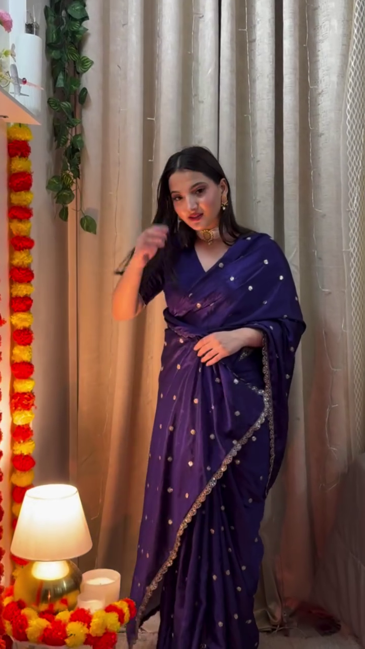 Royal Purple Satin Silk Saree with Gold Polka Dot Butti Work & Delicate Embroidered Border – Elegant Evening Festive Draped Ensemble