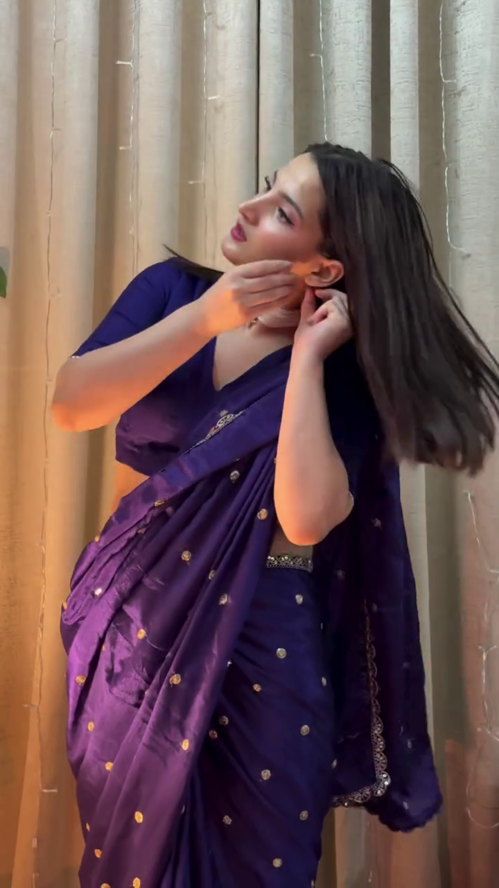 Royal Purple Satin Silk Saree with Gold Polka Dot Butti Work & Delicate Embroidered Border – Elegant Evening Festive Draped Ensemble