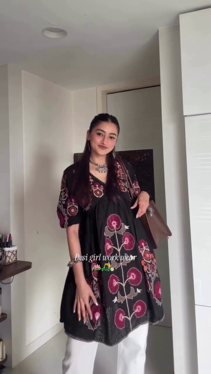 Midnight Black & Magenta Floral Printed Flared Short Kurti with V-Neckline & White Straight Pants – Indo-Western Desi Workwear Fusion Outfit