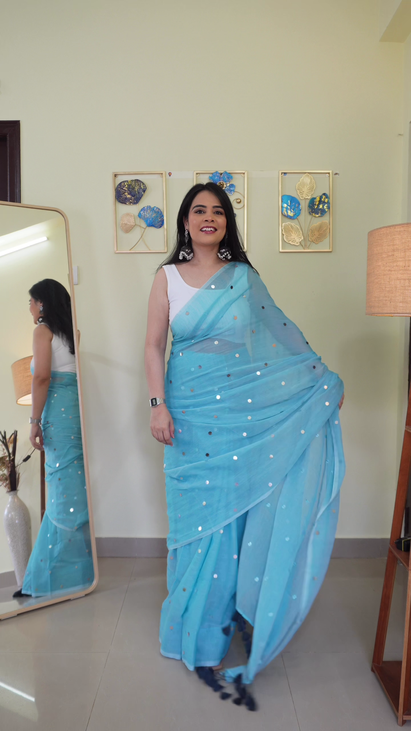 Sky Blue Sheer Sequin-Dotted Lightweight Saree with Elegant Draped Pallu Paired with Sleeveless Blouse – Minimal Glam Festive & Party Wear Ethnic Ensemble