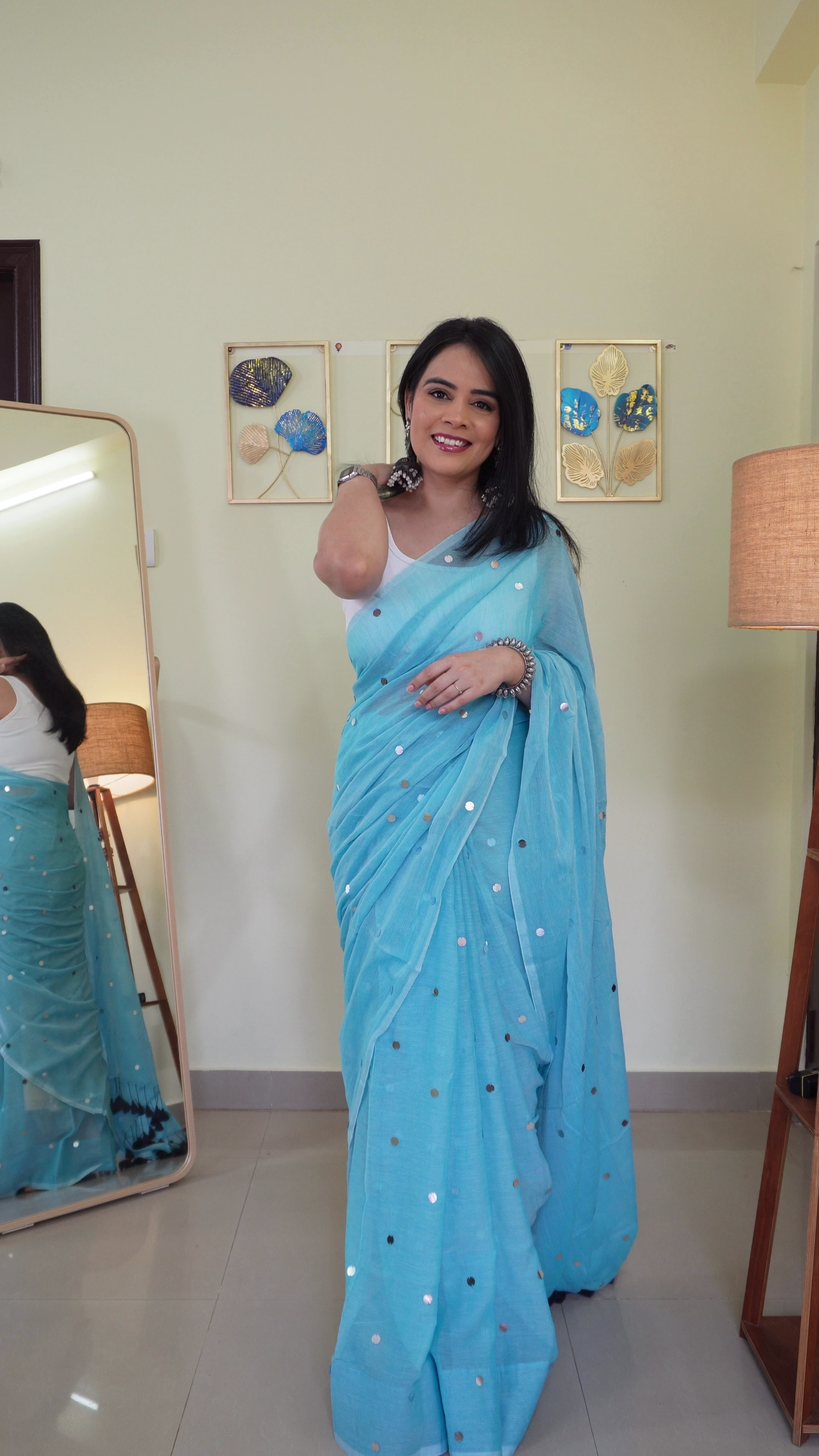 Sky Blue Sheer Sequin-Dotted Lightweight Saree with Elegant Draped Pallu Paired with Sleeveless Blouse – Minimal Glam Festive & Party Wear Ethnic Ensemble