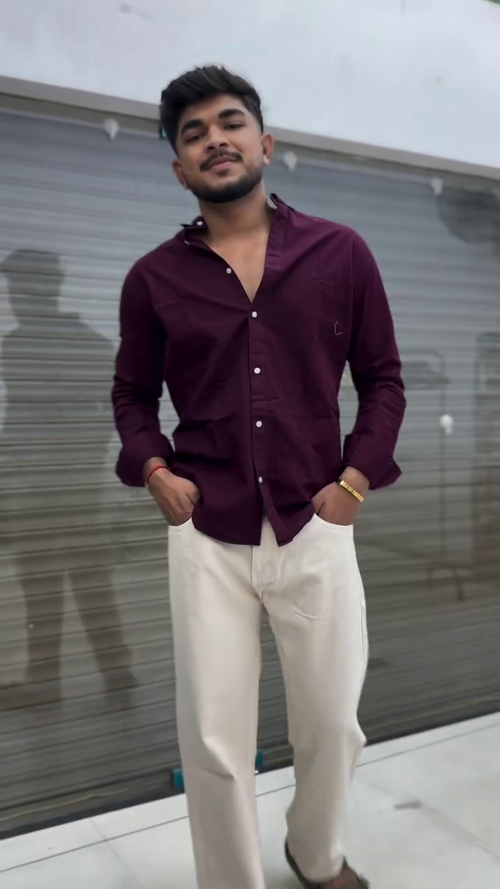 Deep Maroon Slim-Fit Button-Down Casual Shirt with Full Sleeves Paired with Cream Straight-Fit Trousers – Smart Casual Contemporary Menswear Outfit