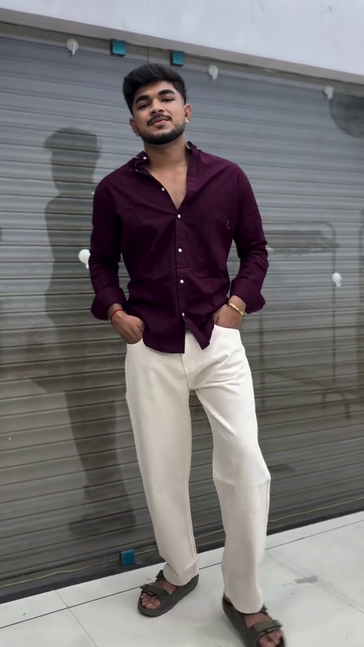 Deep Maroon Slim-Fit Button-Down Casual Shirt with Full Sleeves Paired with Cream Straight-Fit Trousers – Smart Casual Contemporary Menswear Outfit
