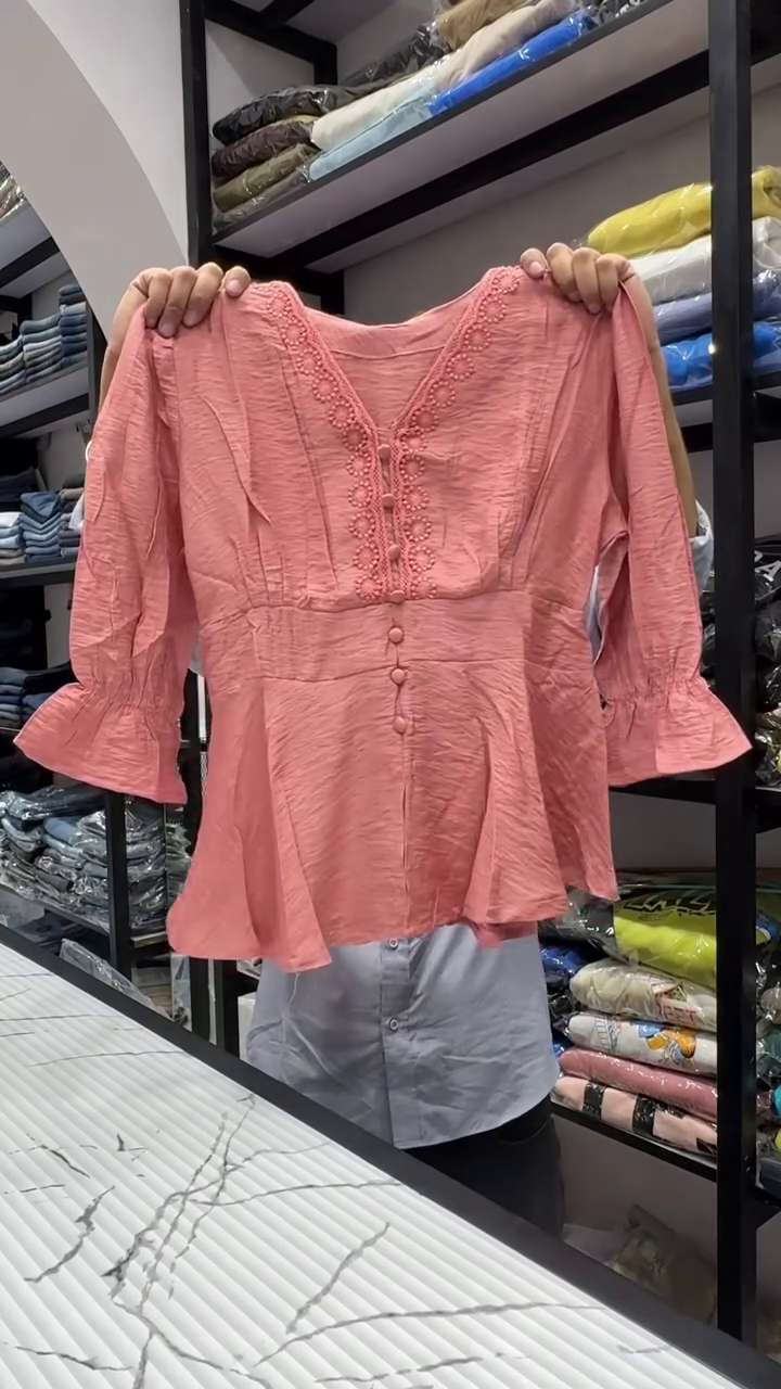 Pink Peplum Style Women's Top with Decorative Front Buttons