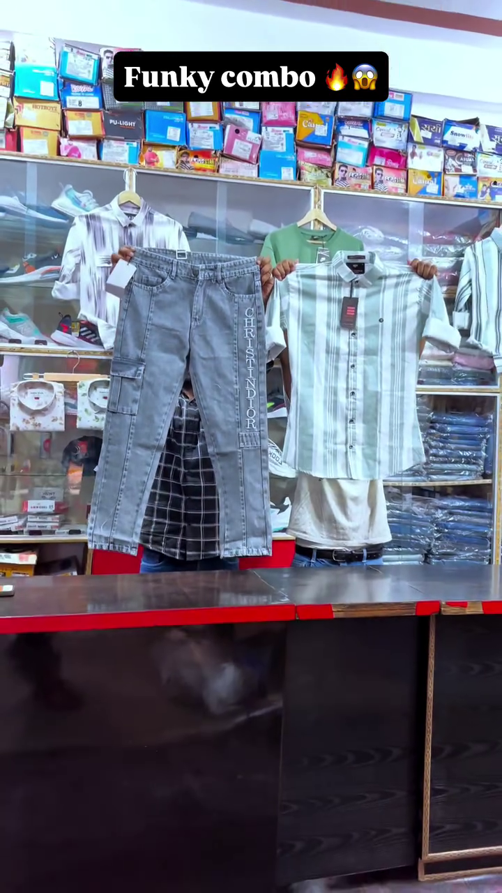 Vertical Stripe Shirt & Grey Cargo Style Denim Jeans