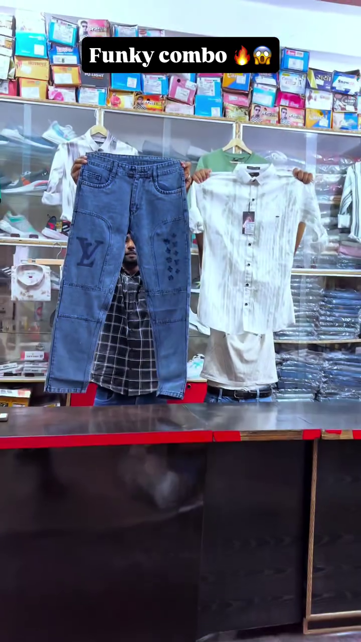 Vertical Stripe Shirt & Grey Cargo Style Denim Jeans