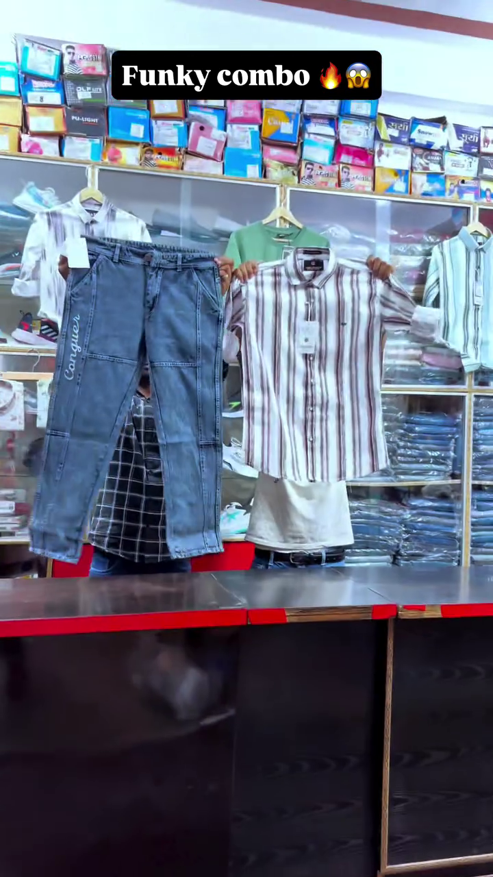 Vertical Stripe Shirt & Grey Cargo Style Denim Jeans