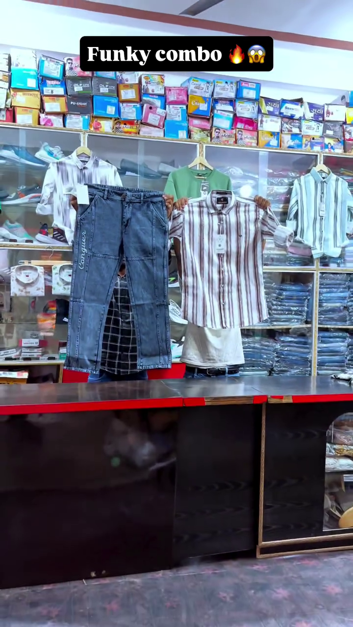 Vertical Stripe Shirt & Grey Cargo Style Denim Jeans