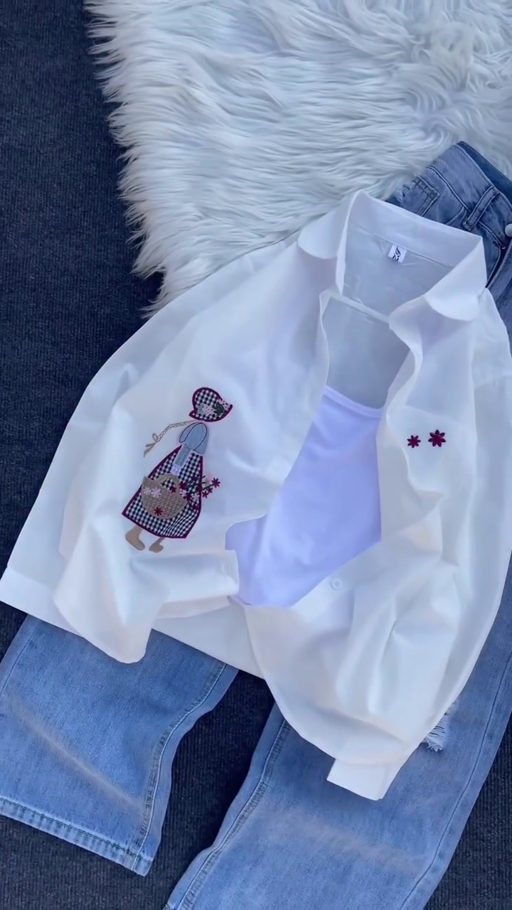 Girl Illustration Embroidery & Relaxed Denim Style Outfit Top