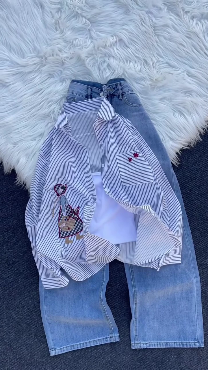 Girl Illustration Embroidery & Relaxed Denim Style Outfit Top