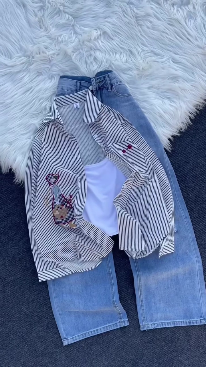 Girl Illustration Embroidery & Relaxed Denim Style Outfit Top