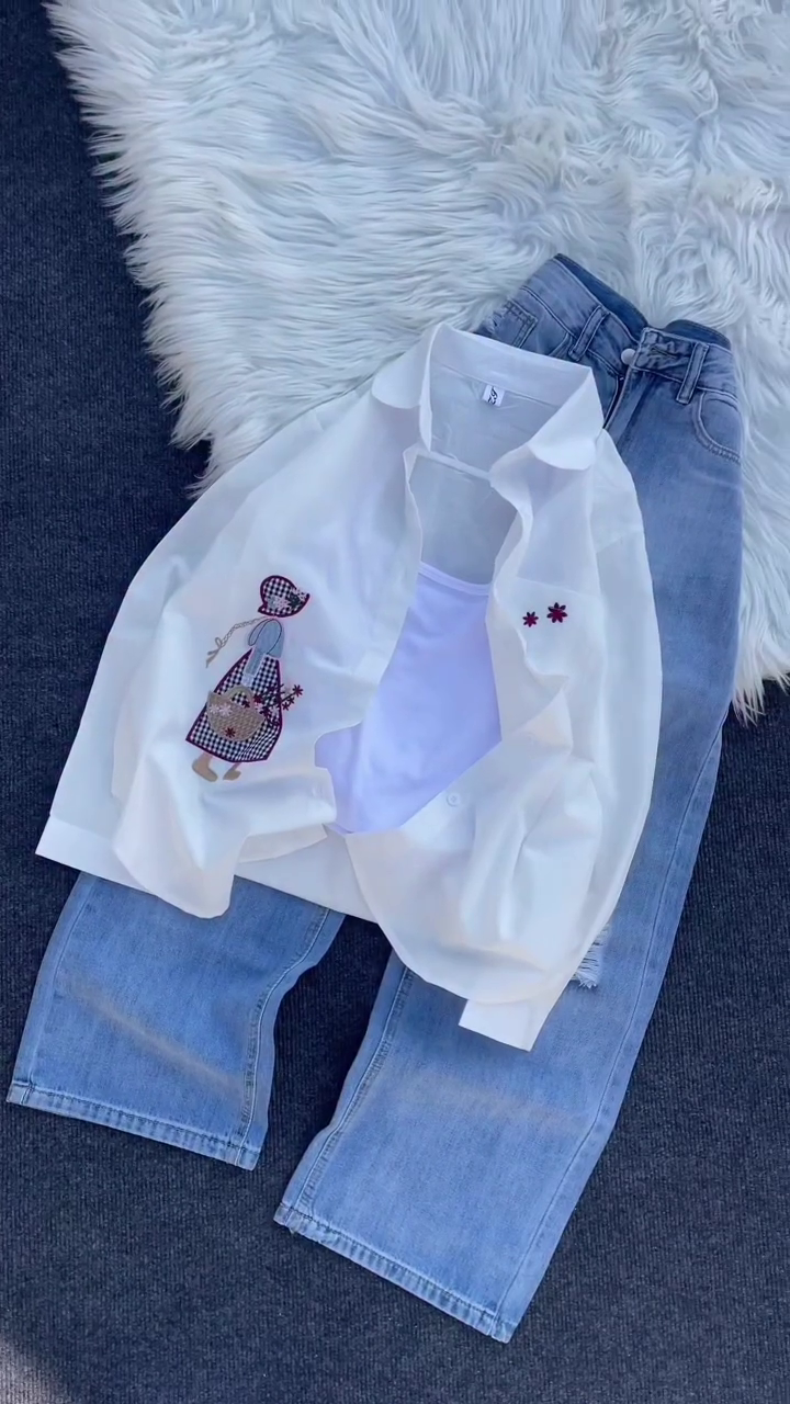 Girl Illustration Embroidery & Relaxed Denim Style Outfit Top