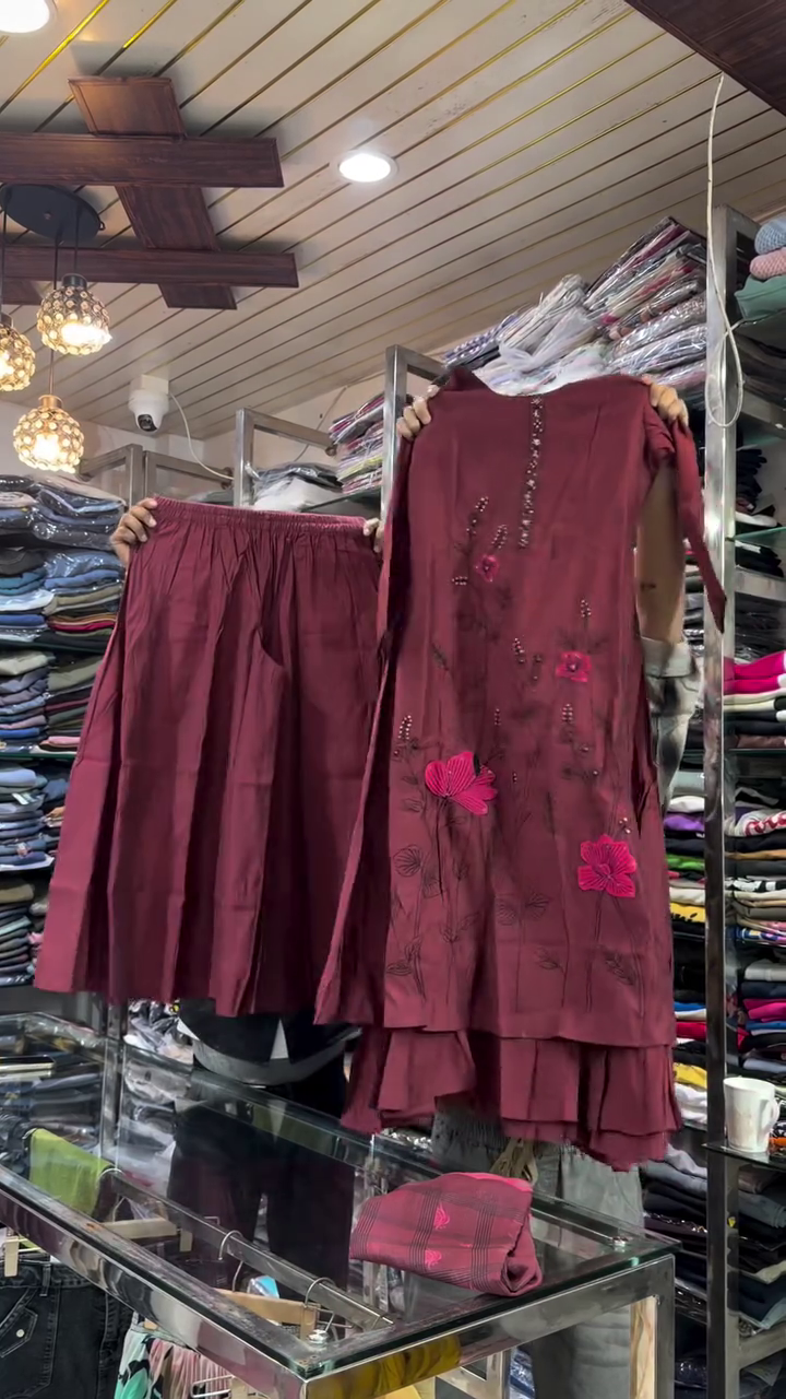 Floral Embroidered Ethnic Kurti Set with Matching Palazzo Pants