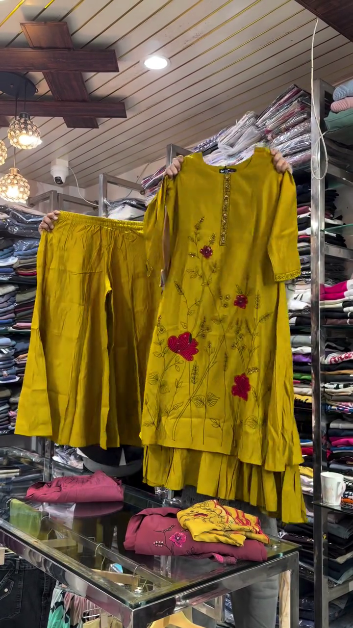 Floral Embroidered Ethnic Kurti Set with Matching Palazzo Pants