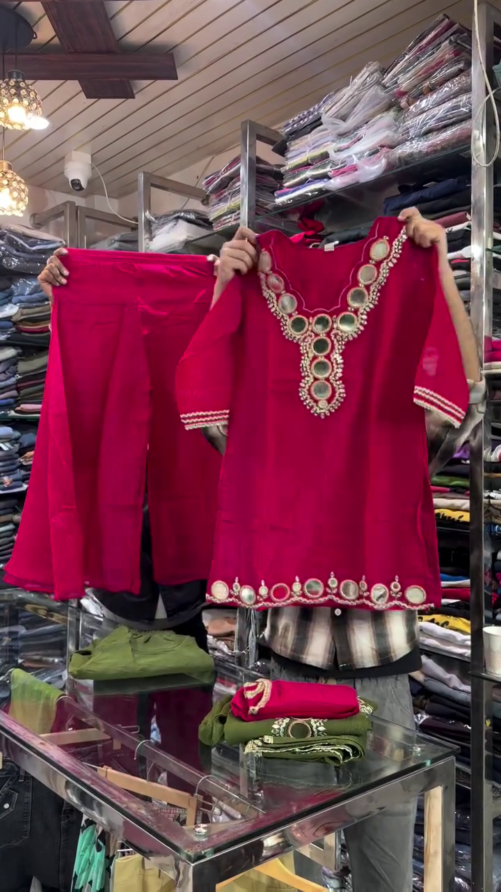 Royal Red Mirror Embellished Traditional Kurta with Matching Pants