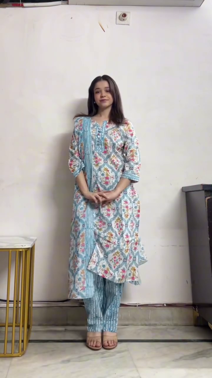Soft Sky Blue Floral Printed Cotton Kurta with Pants and Elegant Dupatta