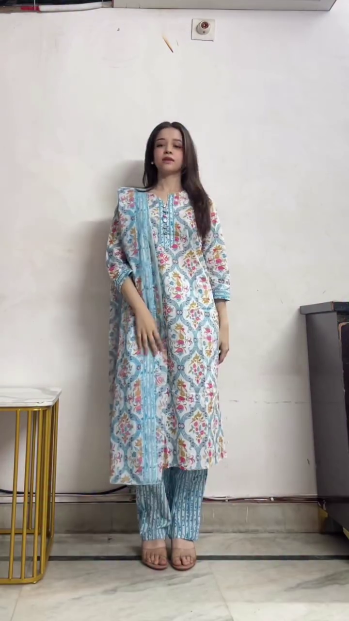 Soft Sky Blue Floral Printed Cotton Kurta with Pants and Elegant Dupatta