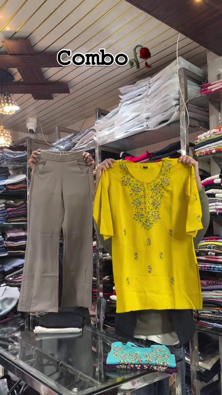 Embroidered Kurti Top with Beige Straight Pants Combo Set