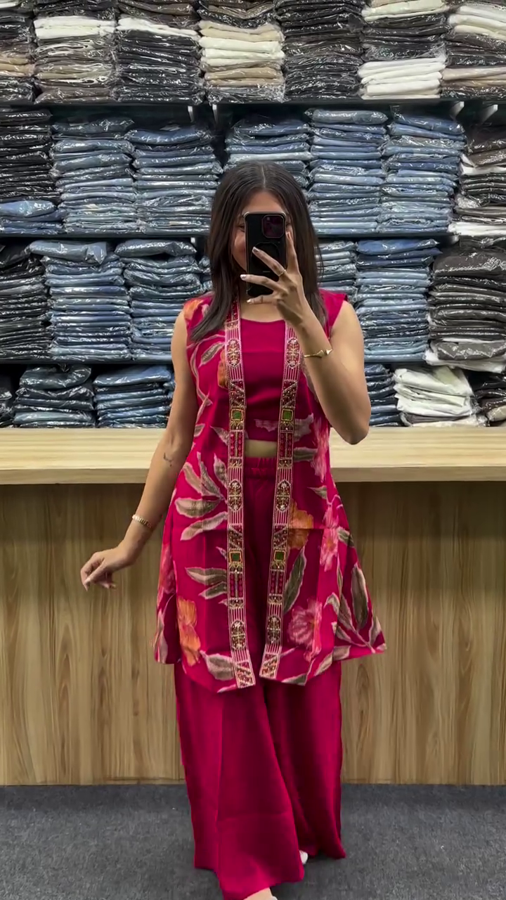 Top With Embroidered Border Long Front Open Jacket And Matching  Palazzo