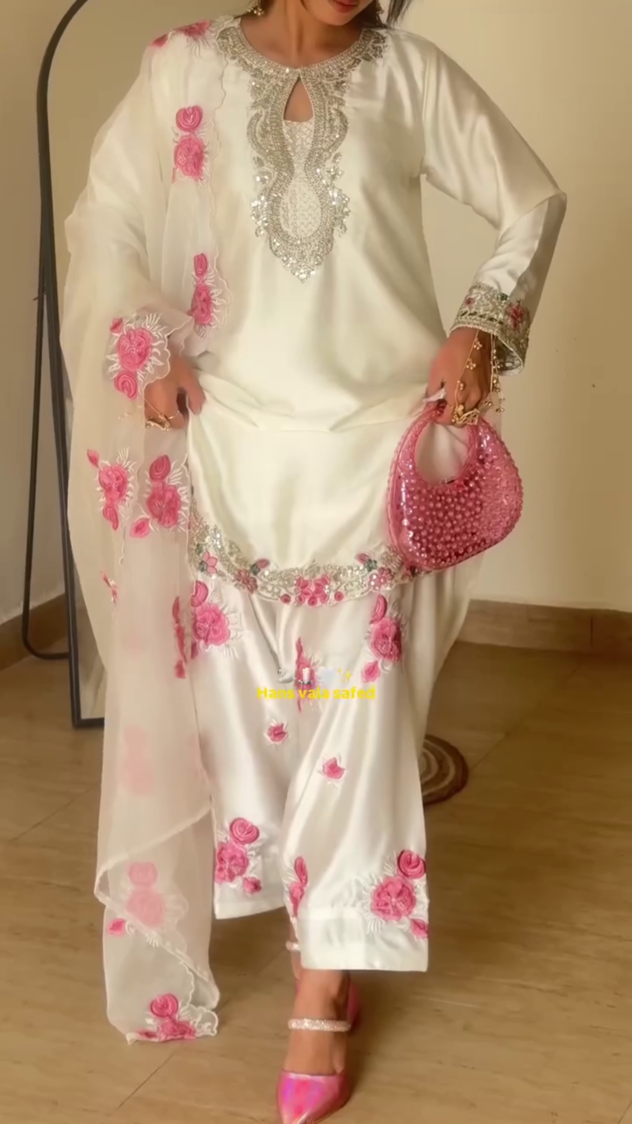 Straight Kurta With Matching Palazzo Pants And Sheer Floral Dupatta