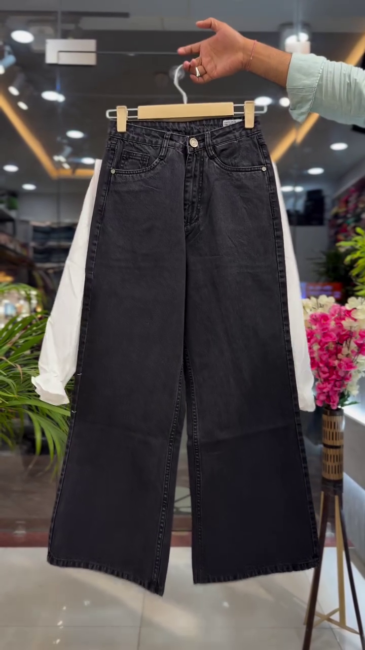 Denim Camisole Peplum Top & Black Wide-Leg Culotte Pants Set